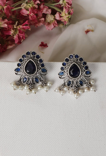 Blue Kundan Studs with Pearl Drop Earrings